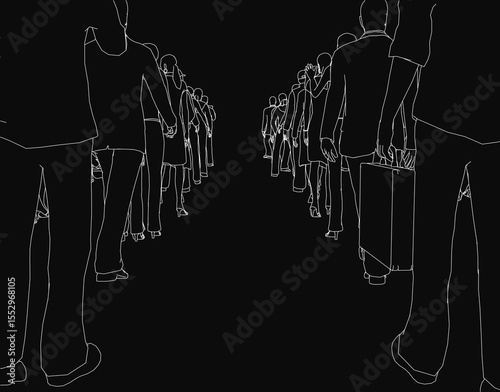A long line of people walking down a street, each holding a suitcase in a black and white line drawing. The crowd moves in unison, creating a striking visual of travel or migration.