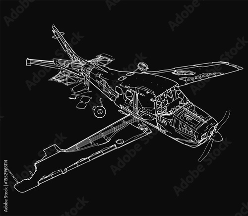 A crashed plane in black and white, detailed with visible wingspan and engines, starkly contrasted against a black background. The wreckage appears dramatic and isolated, emphasizing the impact.