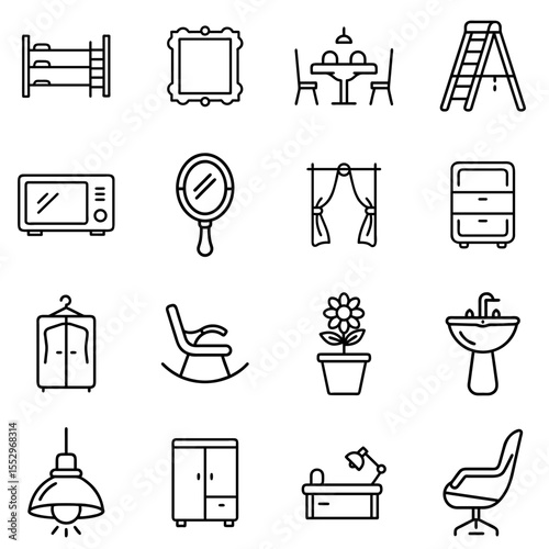 Furniture Outline Line Icons Set 2 – Sleek Outline Icons for Home, Office & Interior Furnishing Essentials