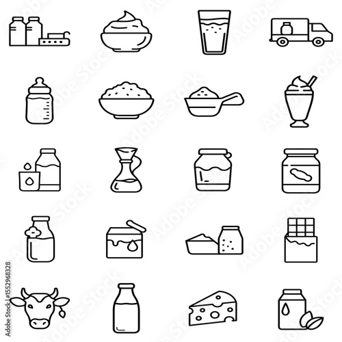 Dairy Products Outline Line Icons Set – Clean Outline Icons for Milk, Cheese, Yogurt & Cream-Based Goods
