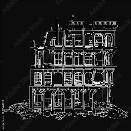 A black and white drawing of a destroyed building with numerous broken windows and crumbling walls, set against a dark, moody background. The structure appears abandoned, with visible cracks