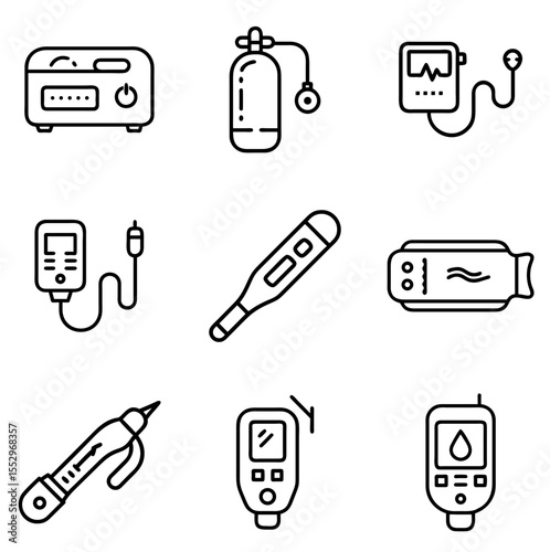 Medical Electronic Devices Outline Line Icons Set 3 – Precision Outline Icons for Digital Healthcare & Diagnostic Equipment