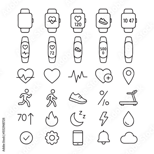 Fitness and health tracking icons for smartwatches and fitness trackers.