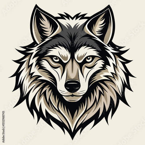 Intricate vector illustration depicting the stoic face of a detailed wolf against a neutral background