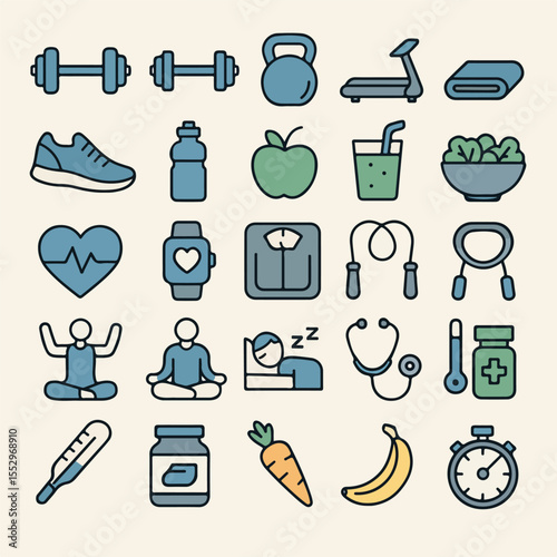 Flat icons representing health fitness and wellness activities