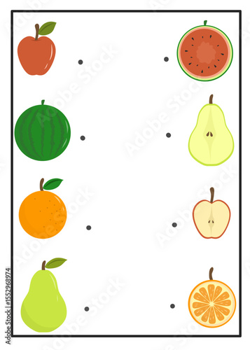 Fun worksheet for kids to match whole fruits with their sliced versions. Great for visual recognition, food learning, and preschool activities.