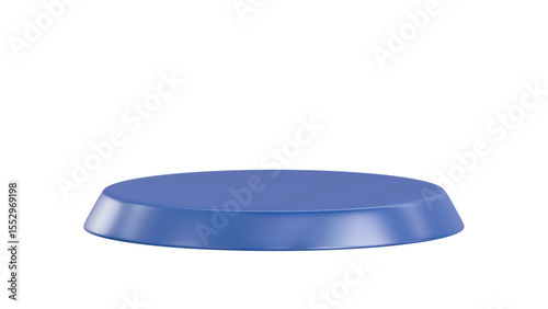 A striking sapphire blue, low-profile, circular display podium with a transparent background, featuring a subtle beveled edge, perfect for modern and sleek product presentations.

