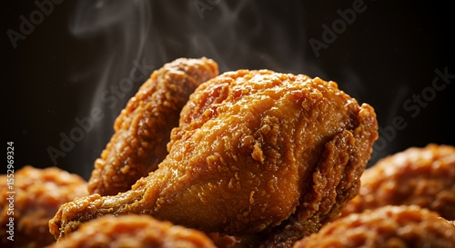 Golden-brown, glistening fried chicken drumsticks steam invitingly, promising a delicious, crispy bite.