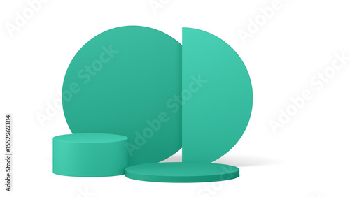 A striking geometric display arrangement with a transparent background, featuring two teal podiums of varying heights alongside fragmented circular backdrops, ideal for artistic showcases.

