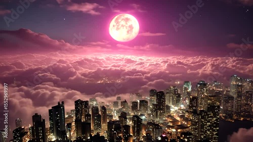 Dreamlike Cityscape Under a Large Moonlit Sky