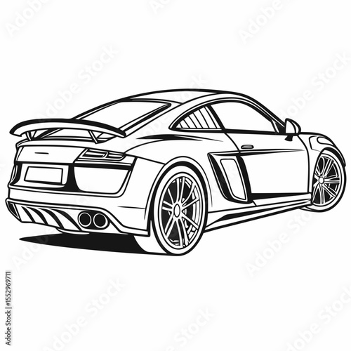 Detailed Line Art Illustration of a Sleek Sports Car Rear View