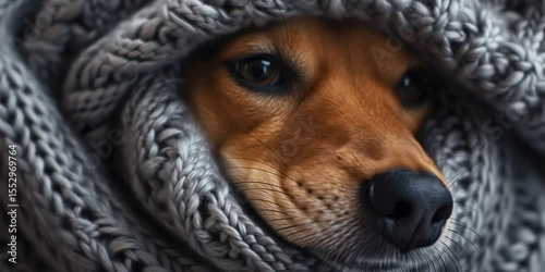 Cute Dog Wrapped in Warm Knitted Blanket Looking Cozy
