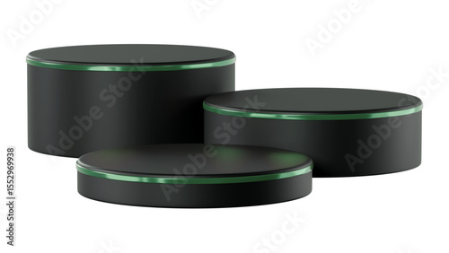 Sleek Black Podiums with Green Glow and Transparent Background - Modern Product Display for Tech, Gaming, and Stylish Brands

