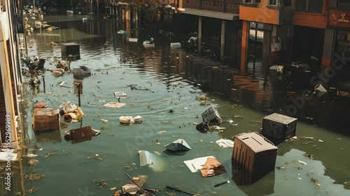 Flooded urban street with floating debris and damaged furniture showing aftermath of natural disaster disaster water damage in street flood