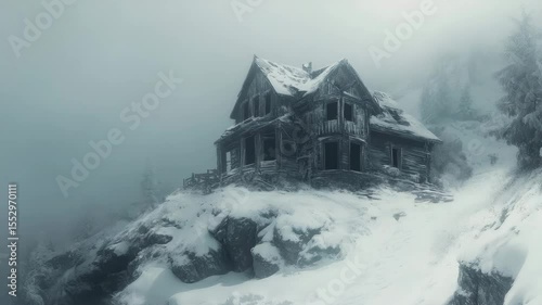 Abandoned wooden house on snowy rocky hill with foggy winter forest and pine trees creating eerie cold mysterious atmosphere