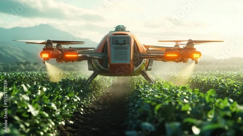 Agricultural drone spraying crops green field with mountains during sunrise showcasing modern farming technology and machine for crop spray