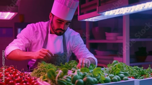 Chef cooking fresh green leafy vegetables and tomato in kitchen with focused expression under vibrant pink lighting for healthy meal preparation