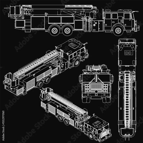 Detailed blueprint of a fire truck with precise vector lines on a black background, highlighting the firing machine's design. Perfect for engineering projects or emergency service themes, available.