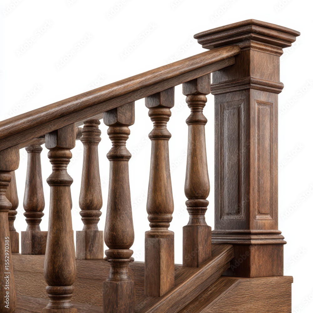 Fototapeta premium Detailed view of ornate wooden staircase balusters and handrail isolated on white background