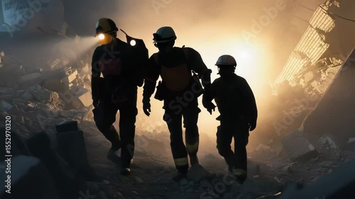 Rescue worker helmet headlamp silhouette teamwork navigating rubble dust disaster zone showing determination and teamwork in dramatic disaster scene