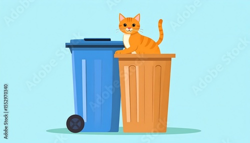 Orange Cat on Trash Cans.