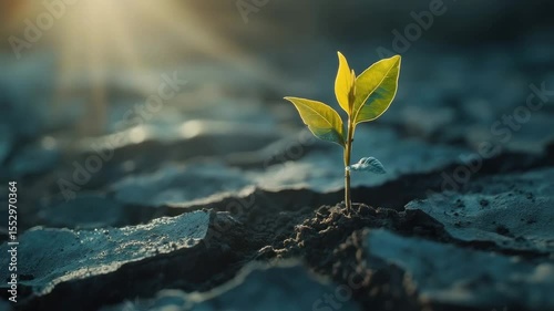Young plant sprout and seedling growth from dry cracked earth with sunlight shining, symbolizing natures hope and new life in harsh conditions