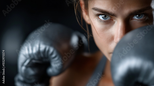 Intense Female Boxer in Fight Stance. Close up young woman with boxing gloves.