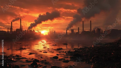 Industrial factory sunset with smoke pollution over water and river, dramatic orange sky reflecting intense environmental impact and dark rocky shore