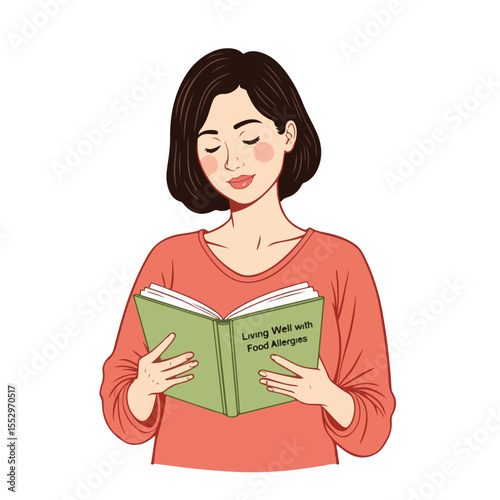 Woman reading book about living well with food allergies.  Informative guide helps manage everyday allergy challenges.  This book offers allergy-friendly routine and self-care tips,