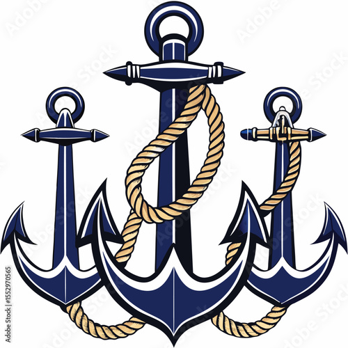 Vector illustration of three nautical anchors with rope in navy blue and gold