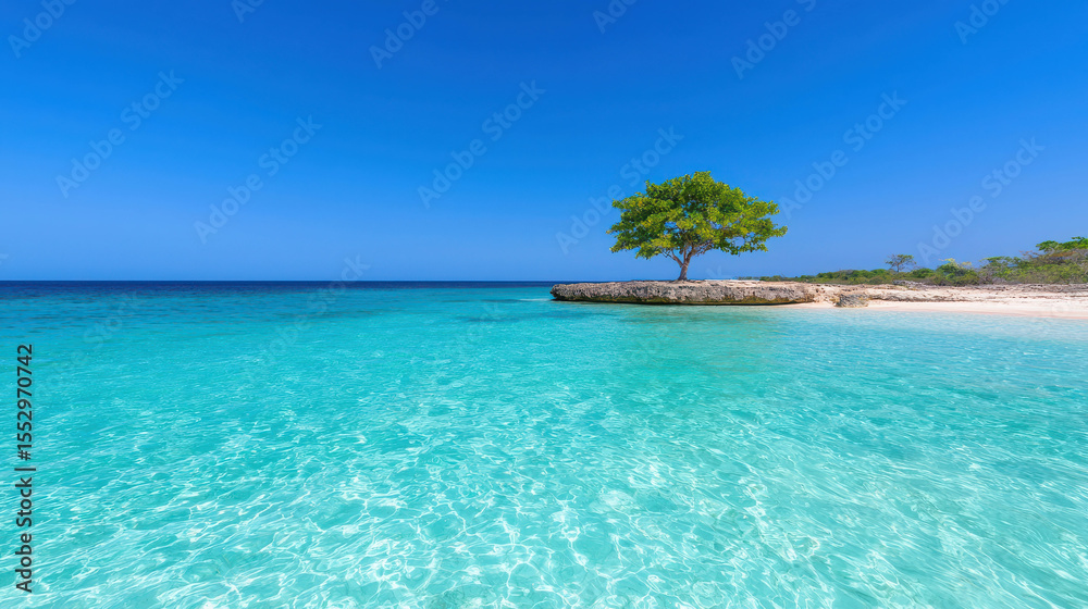 Fototapeta premium Serene Tropical Beach with Crystal Clear Water, Lush Green Tree, and Bright Blue Sky Under a Sunny Day – Perfect for Relaxation and Escape