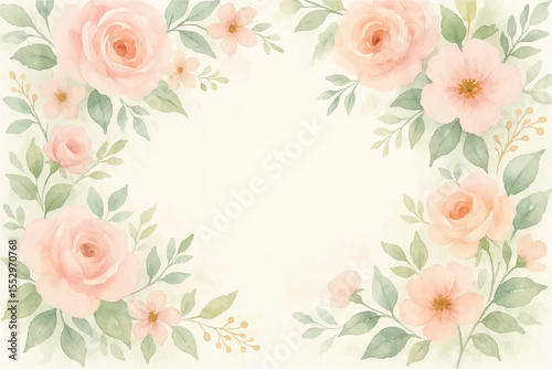 Vintage floral background with romantic pink roses, elegant frame, and decorative hearts for a wedding or Valentine's Day card design