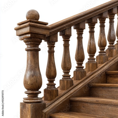 Detailed view of ornate wooden staircase balustrade and steps isolated on white background