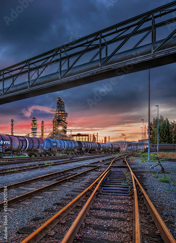 Marshalling yard at sunset with liquid transport train wagons and petrochemical industry on the background, Port of Antwerp, Belgium 