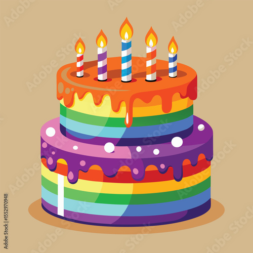 A festive two tier rainbow cake decorated with dripping icing and lit candles for celebration