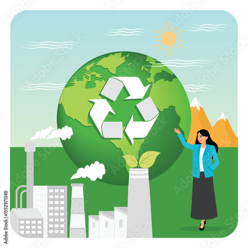 Choosing Renewable Resources. Green Globe with Recycle Arrows and Industrial Sustainability.