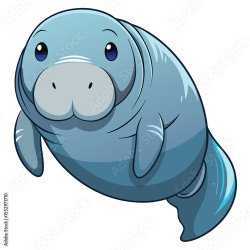 Adorable cartoon illustration of a cute manatee floating with friendly and happy expression