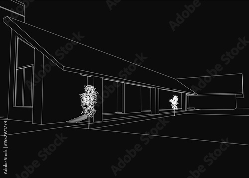 Black and white house illustration with a detailed tree in the foreground, set against a dark, moody background. The drawing features clean lines and strong contrast, emphasizing the architectural.