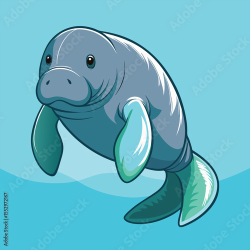 Adorable cartoon illustration of a gentle manatee swimming in calm blue waters.