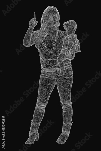 Wireframe illustration of a woman cradling a baby in her arms, showcasing maternal connection with clean geometric lines. The black background emphasizes the minimalist design, highlighting the human.