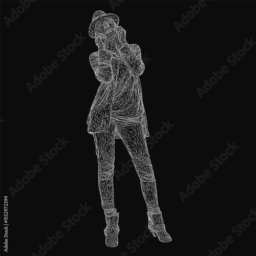A wireframe woman in a suit and hat stands against a black background, composed of intricate lines and geometric shapes. The detailed 3D human model features a stylized, futuristic design
