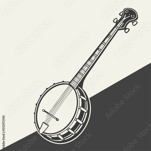 Vintage Banjo Illustration on Two Toned Background with Detailed Line Work