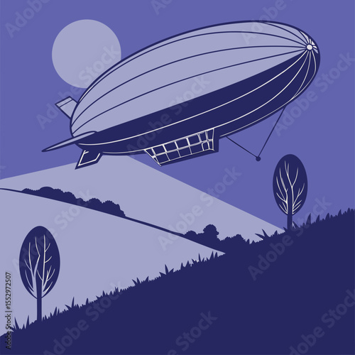 Airship Over Rolling Hills A Vintage Inspired Monochromatic Illustration