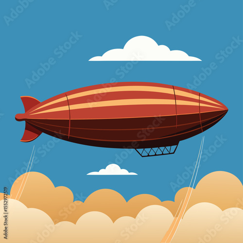 Vintage Airship Illustration Red and Tan Zeppelin Flying Through Cloudy Skies