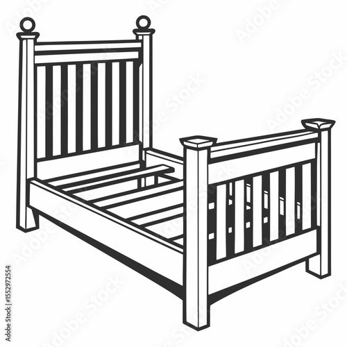 Black and White Illustration of a Wooden Bed Frame with Headboard