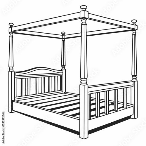 Line Art Illustration of a Four Poster Bed Frame with Headboard