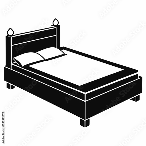 Stylized Black and White Bed with Pillows and Headboard Finials Illustration