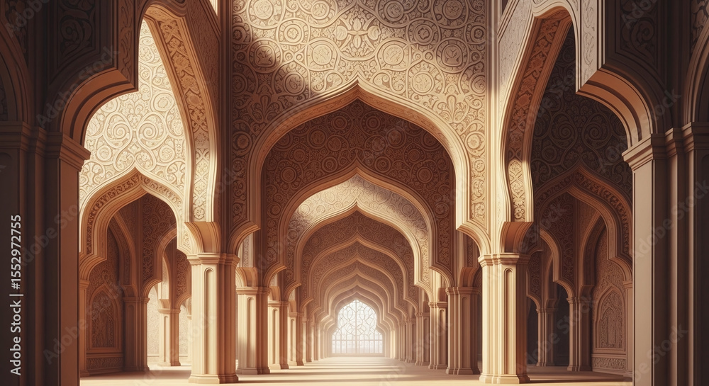 Obraz premium Interior Architecture Islamic Arches Archway Corridor Hallway Ornate Pattern Sunlit