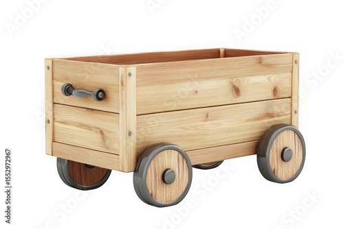 Wooden toy wagon cart with wheels, vintage style, rustic design, decorative object, children's plaything, isolated on transparent background
