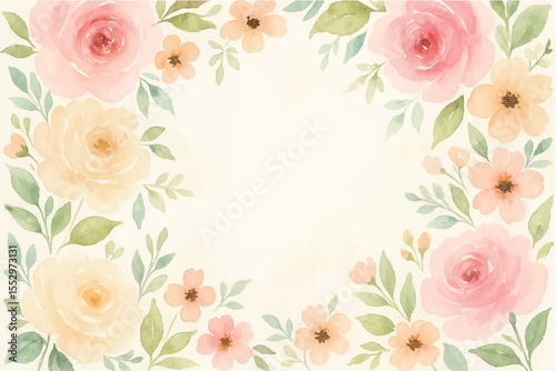 Vintage floral background with romantic pink roses, elegant frame, and decorative hearts for a wedding or Valentine's Day card design